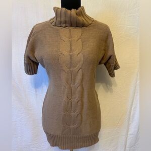 New York & Company Cable Knit Turtleneck Sweater Short Sleeve Tan XS